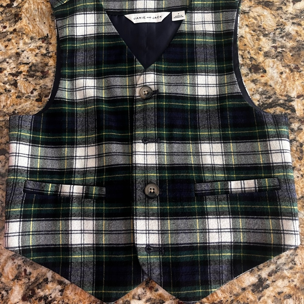 Janie and Jack Navy‎ and Green Plaid Vest